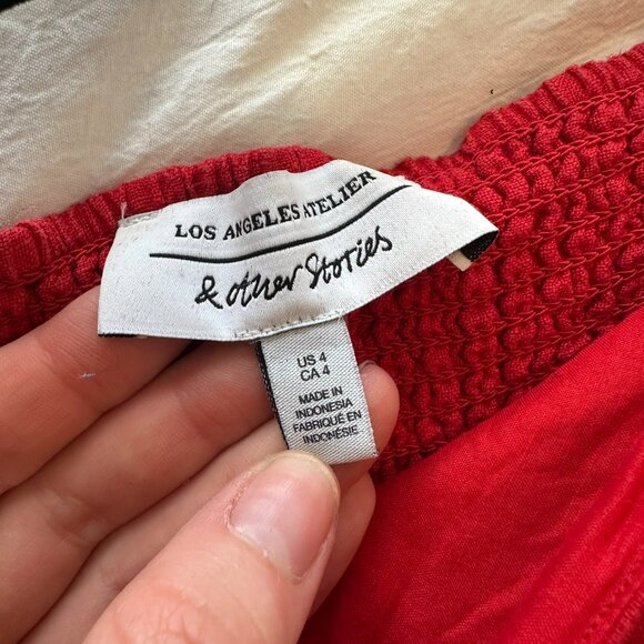 & Other Stories Puff Sleeve Linen Mini Dress in red - Picture 5 of 5